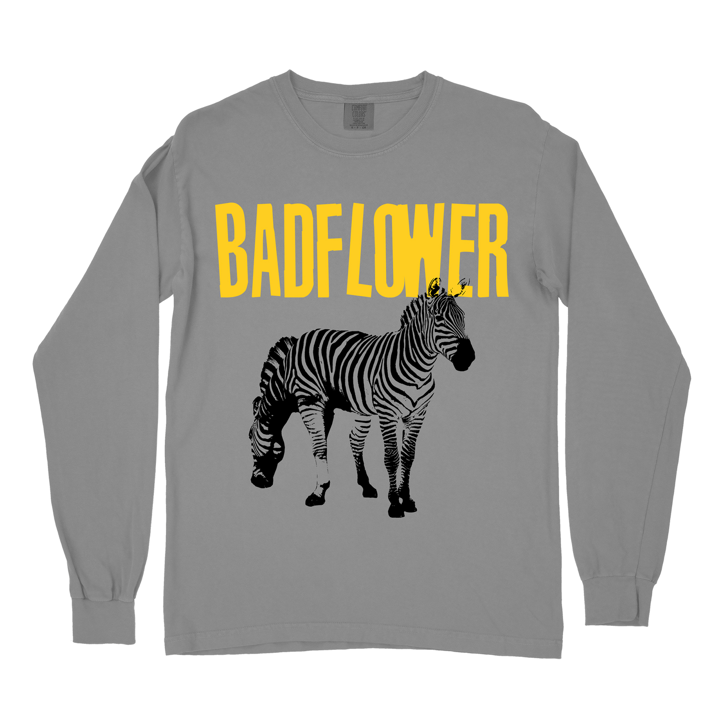 gray crewneck with black two headed zebra and Badflower written in yellow