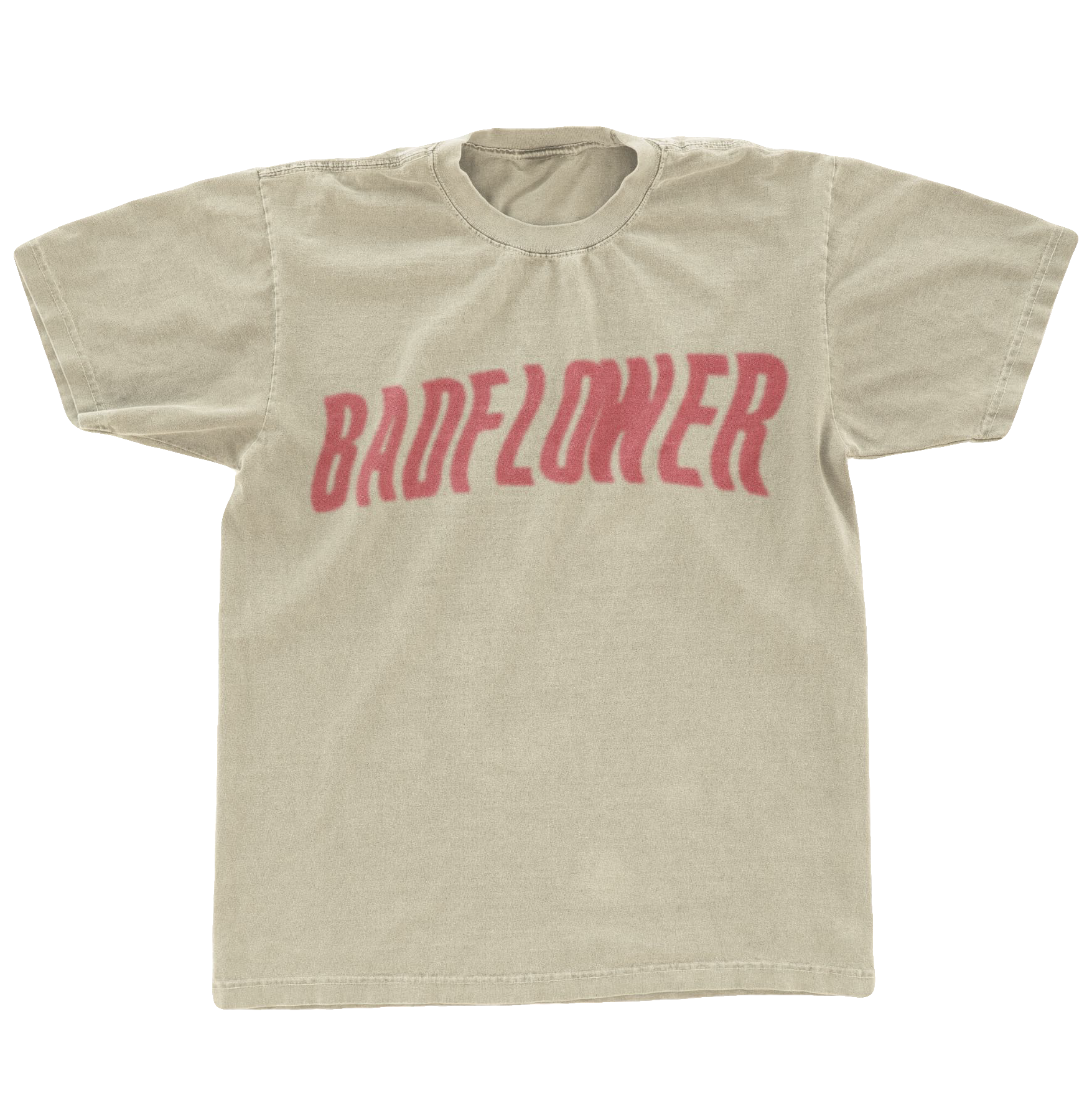 Tan tee shirt with Badflower written in red across the front