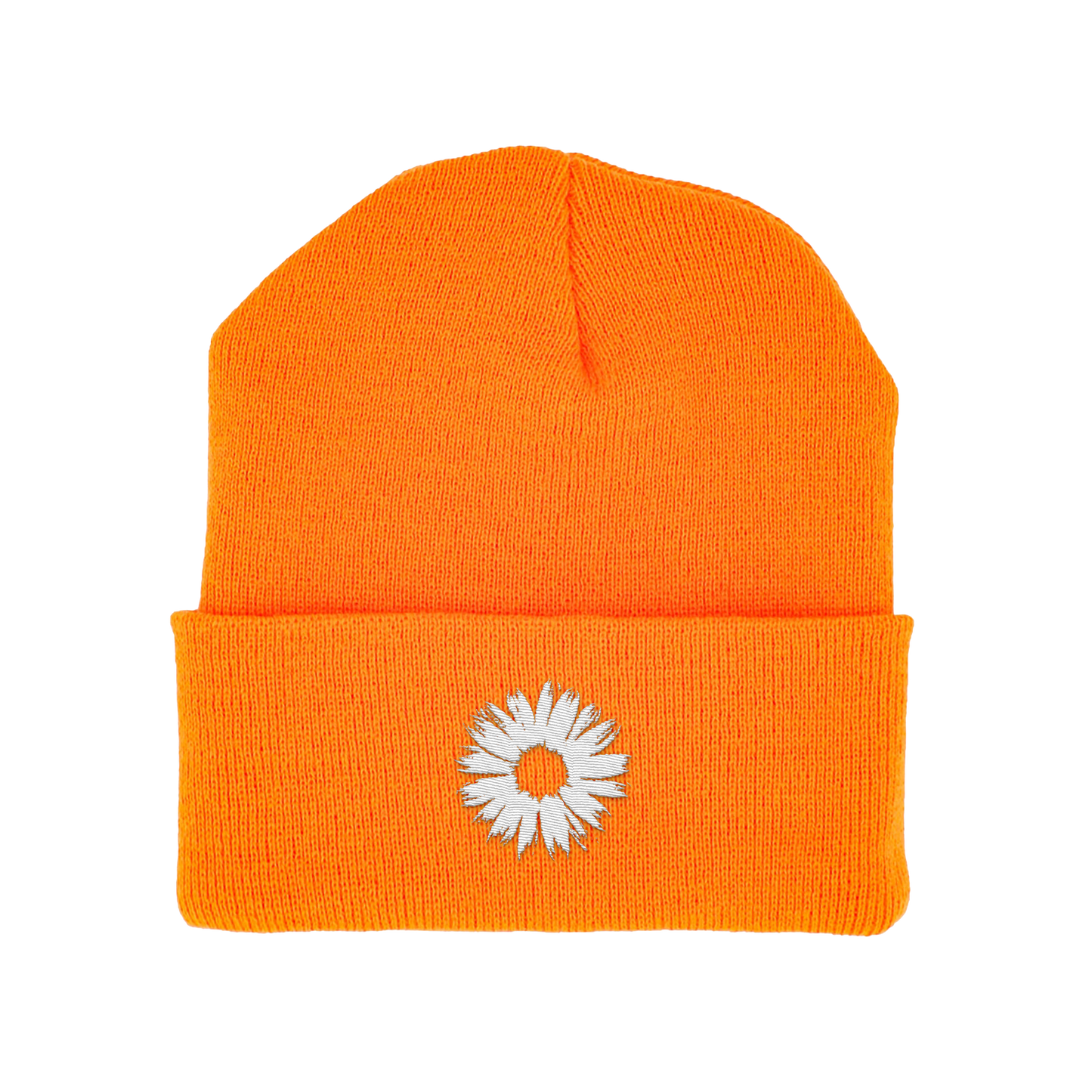 Orange beanie with a white flower design on a white background