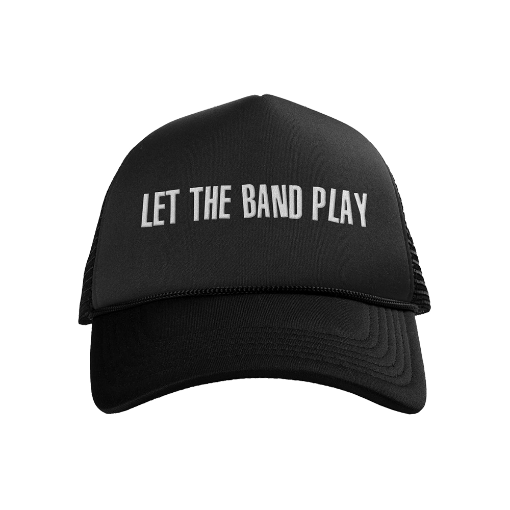 Black hat with Let the Band Play stitched in white