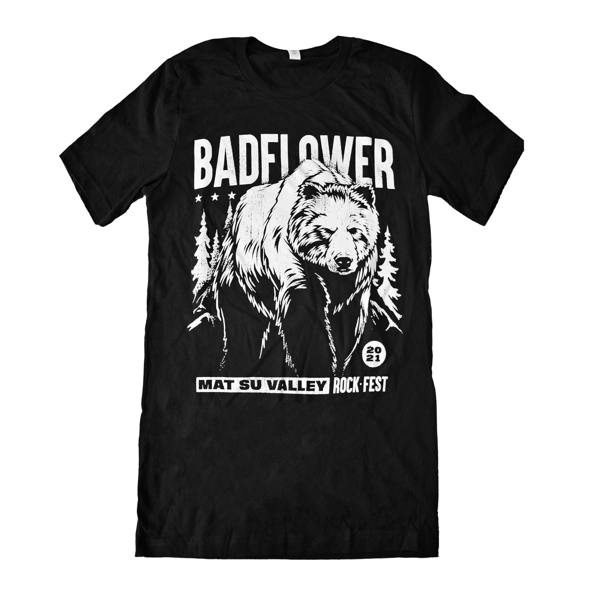 Black short sleeve tee shirt with white graphic of bear surrounded by trees. Badflower in bold white letters above graphic with small stars. Below bear graphic says Mat Su Valley Rock Fest 2021